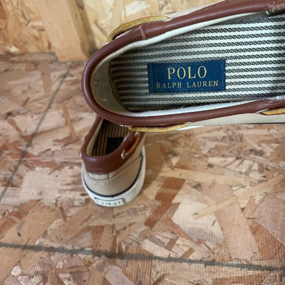 Polo Ralph Lauren Boat Shoes Mens Size 8 Tan Brown Canvas Leather Laced Sneakers